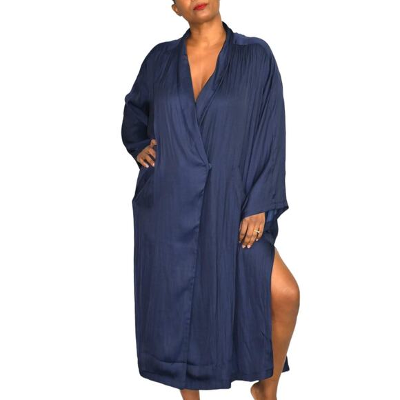 Mable Blazer Dress Blue Navy Satin Silky Oversized Side Slits Baggy Size Medium - Picture 7 of 16